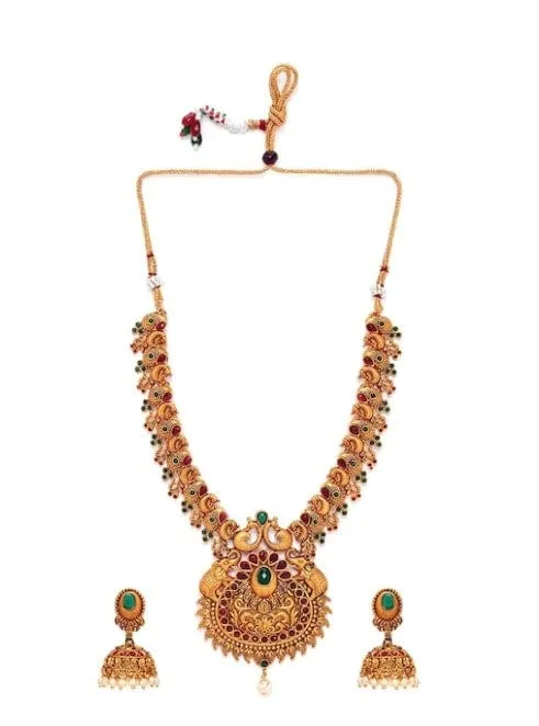 Rubans Gold Plated Handcrafted Traditional Pearl Embellished Faux Ruby And Emerald Studded Divine Lakshmi Necklace Set