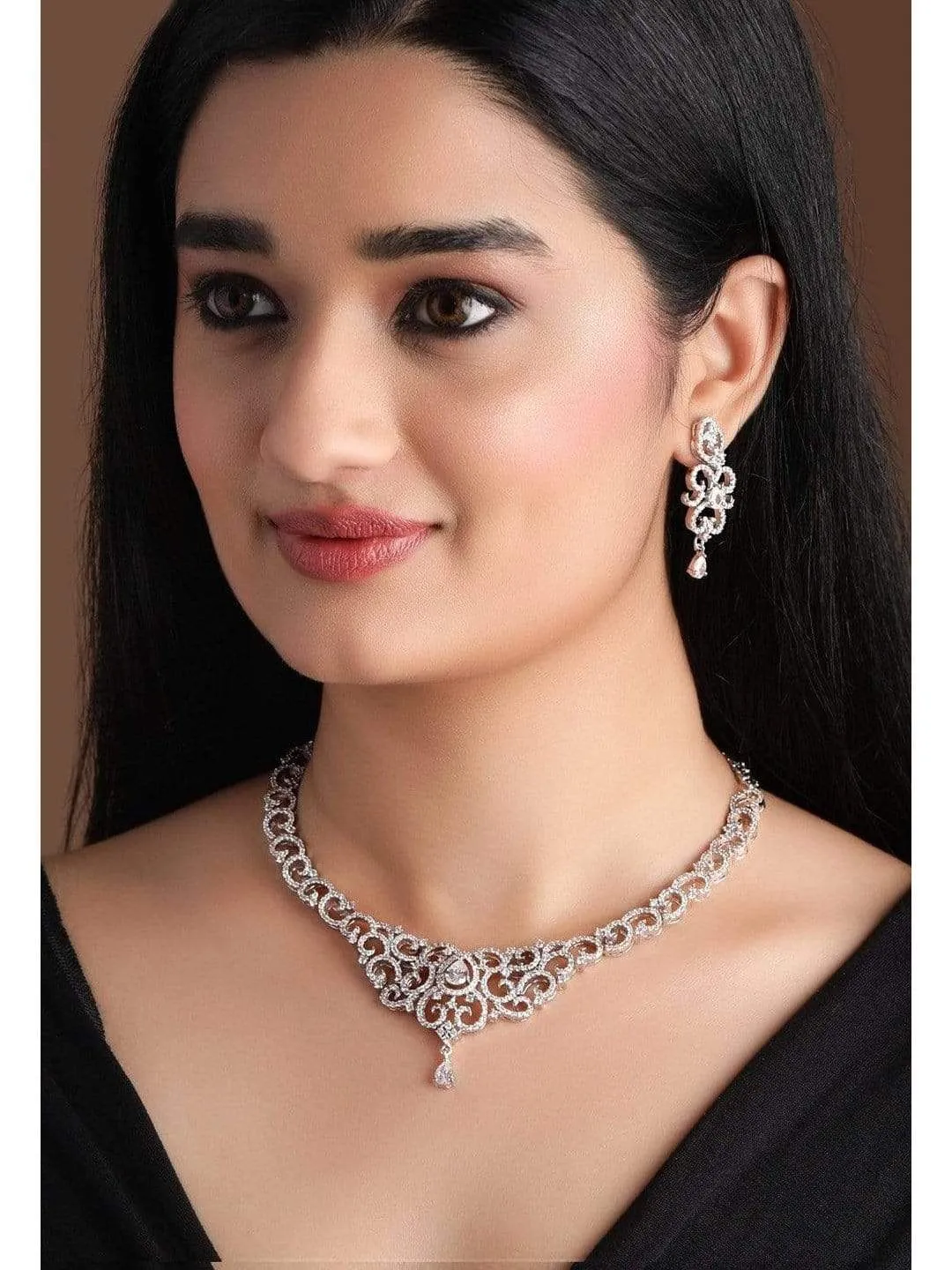 Rubans Silver Plated Handcrafted Zircon Stone Studded Necklace Set