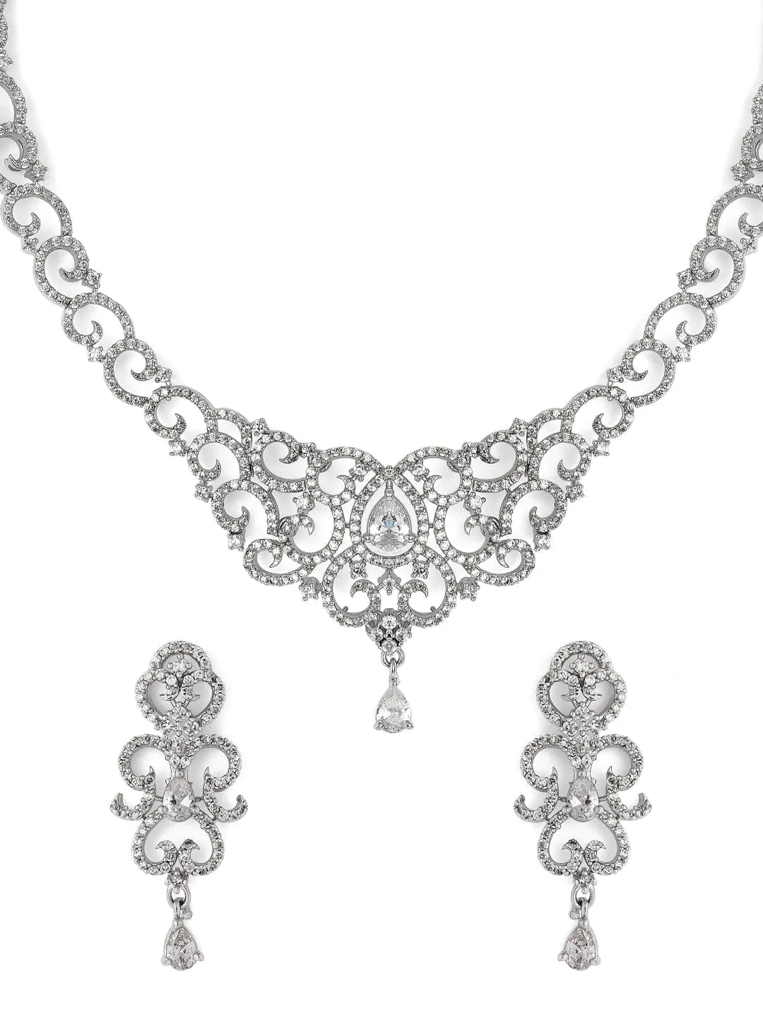 Rubans Silver Plated Handcrafted Zircon Stone Studded Necklace Set