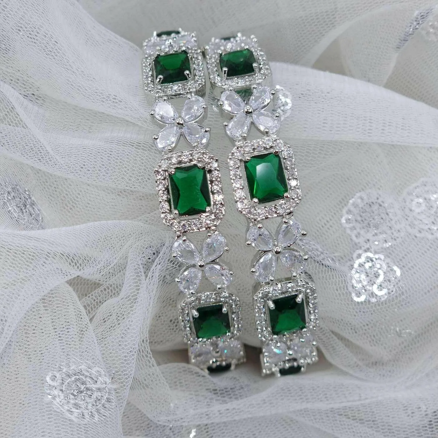 Silver American Diamond Bangles Green Emerald