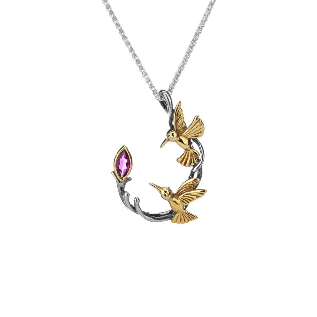 Silver and 10k Gold Double Hummingbird Pendant - Blue Topaz/Rhodolite/White Topaz/Peridot