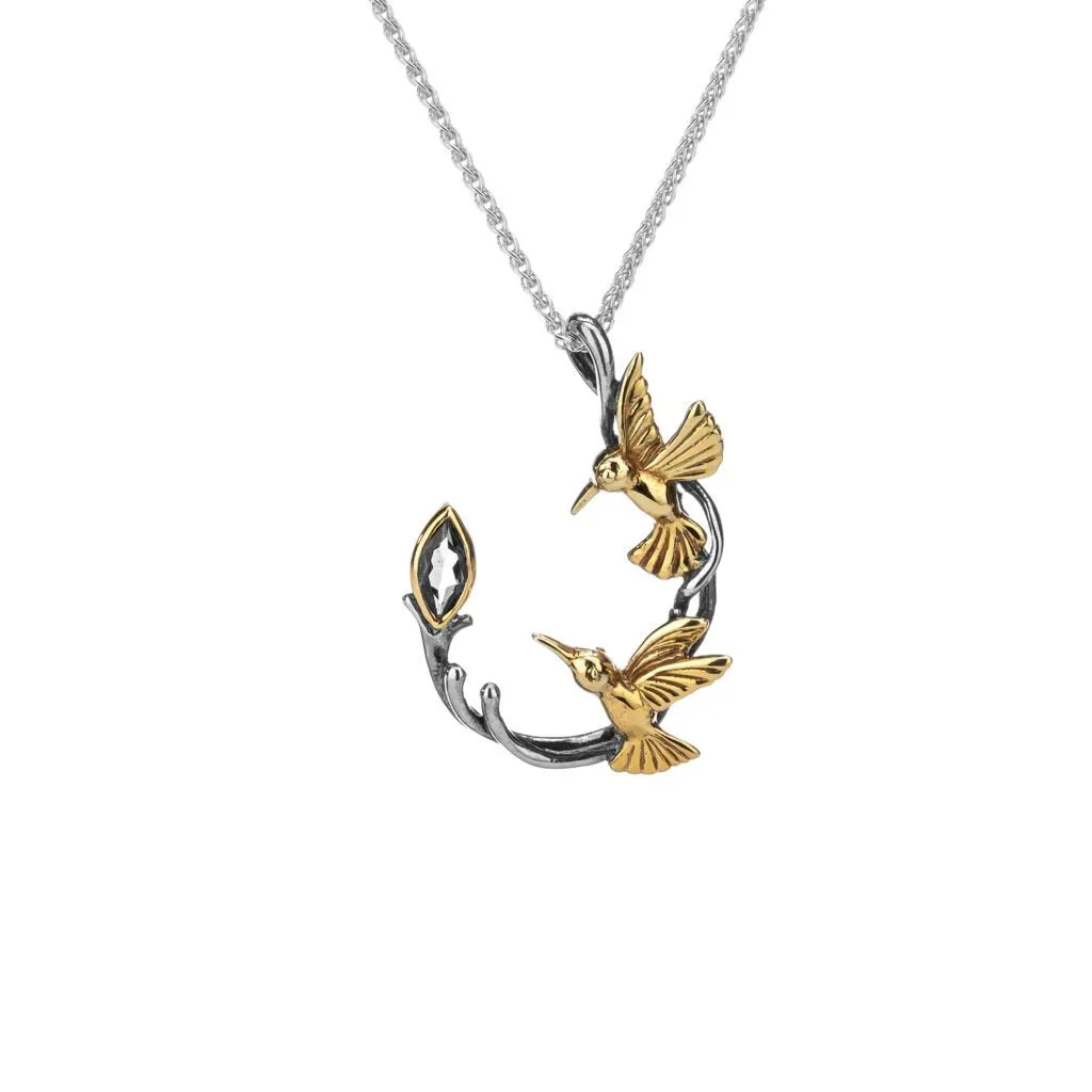 Silver and 10k Gold Double Hummingbird Pendant - Blue Topaz/Rhodolite/White Topaz/Peridot