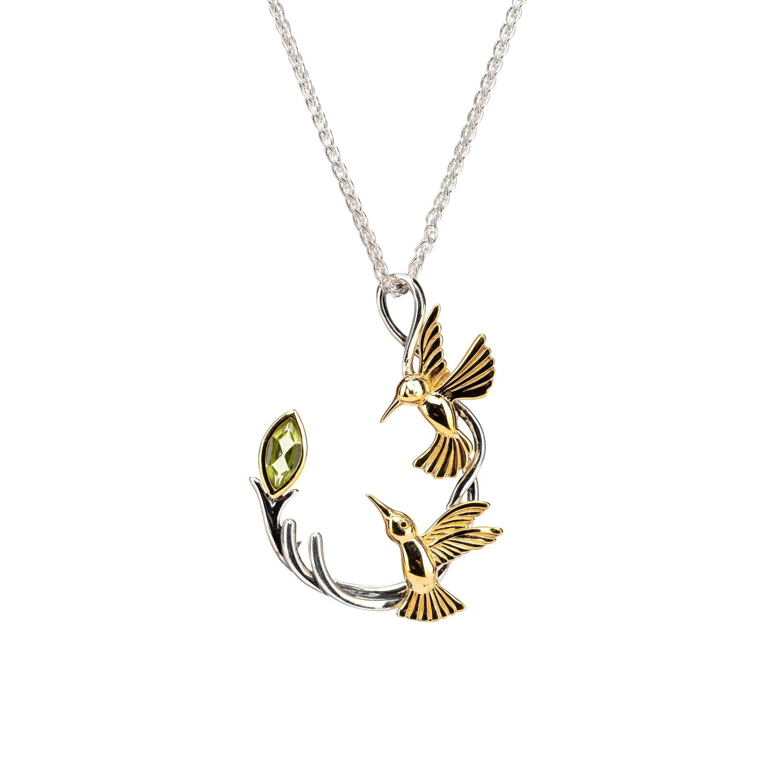 Silver and 10k Gold Double Hummingbird Pendant - Blue Topaz/Rhodolite/White Topaz/Peridot
