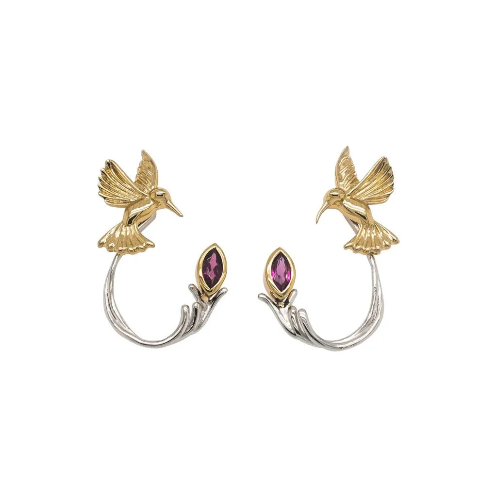 SIlver and 10k Gold Hummingbird Stud with Earring Jacket - Blue Topaz/Rhodolite/White Topaz/Peridot