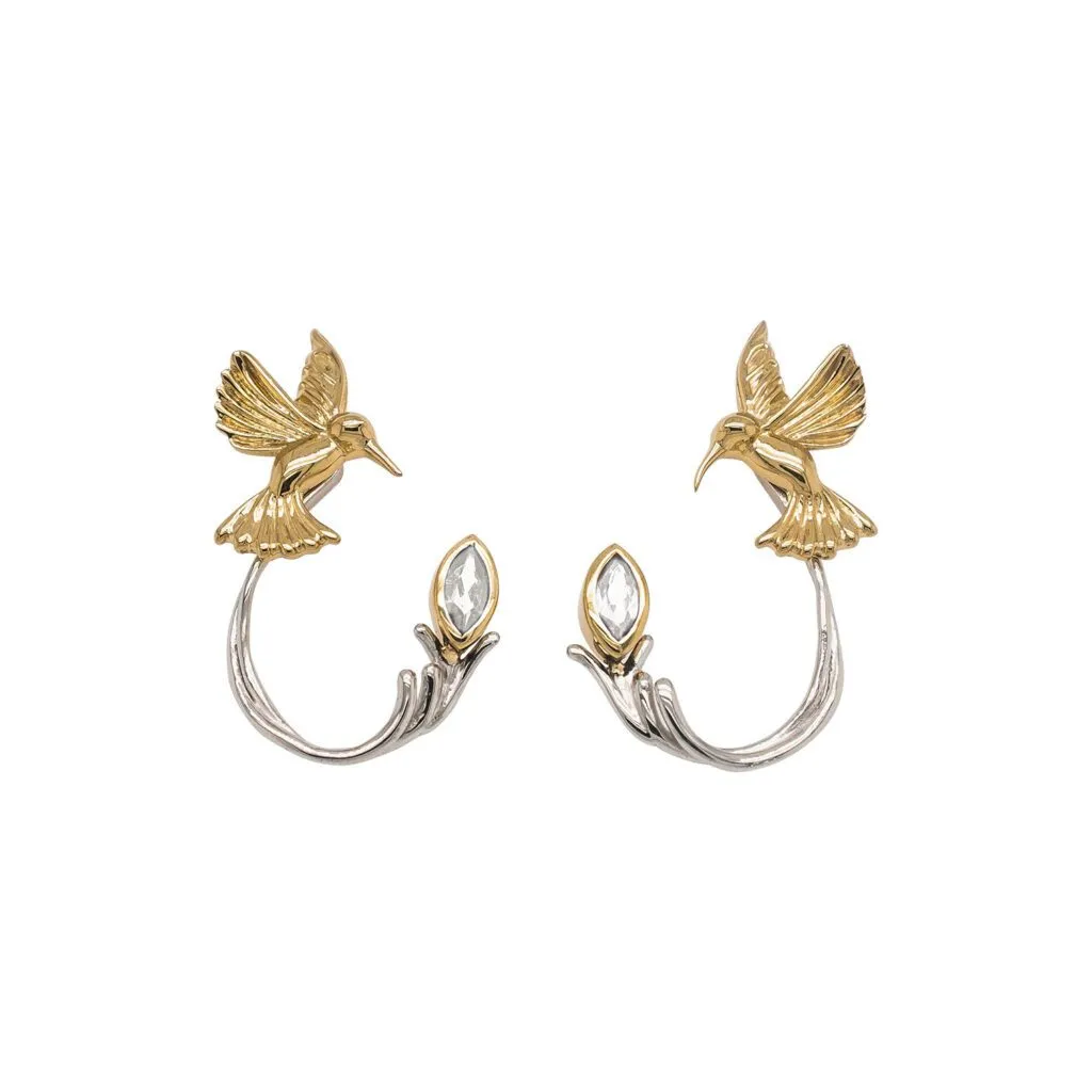 SIlver and 10k Gold Hummingbird Stud with Earring Jacket - Blue Topaz/Rhodolite/White Topaz/Peridot