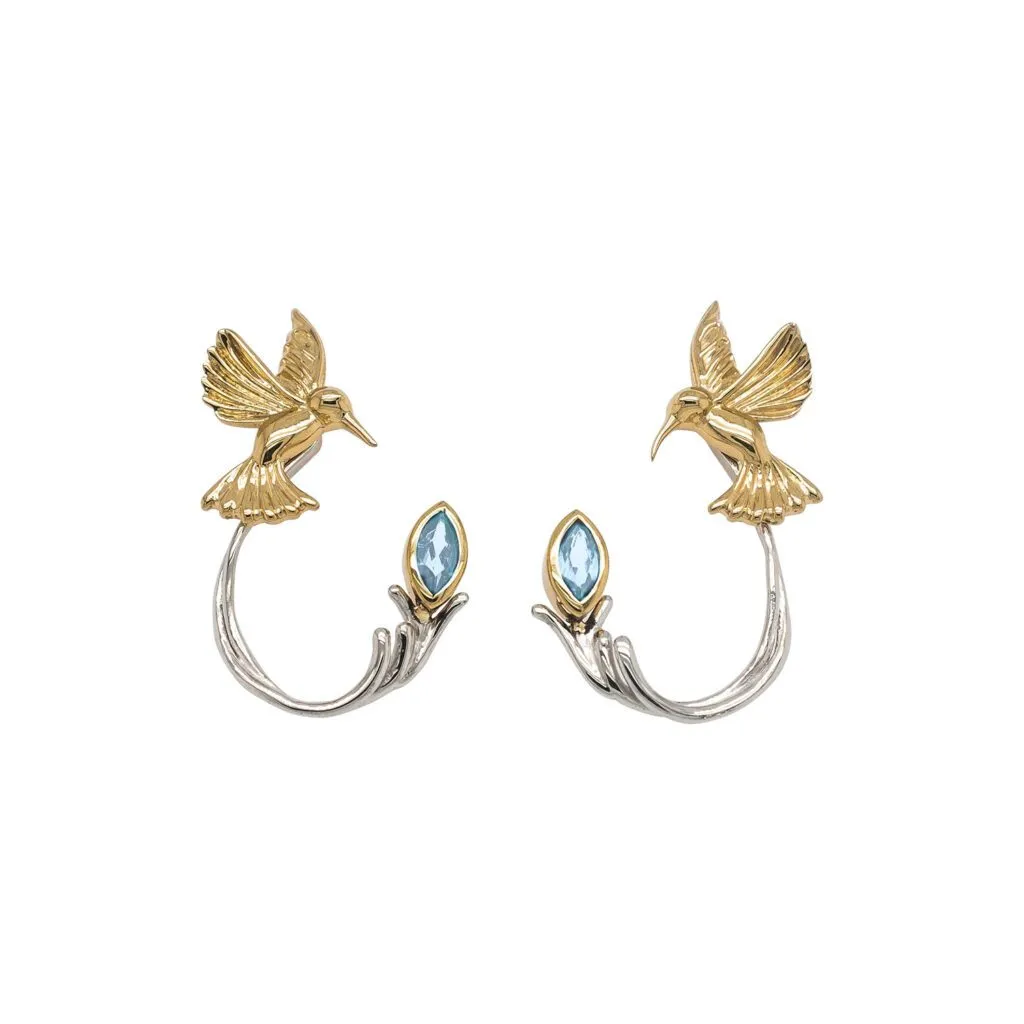 SIlver and 10k Gold Hummingbird Stud with Earring Jacket - Blue Topaz/Rhodolite/White Topaz/Peridot
