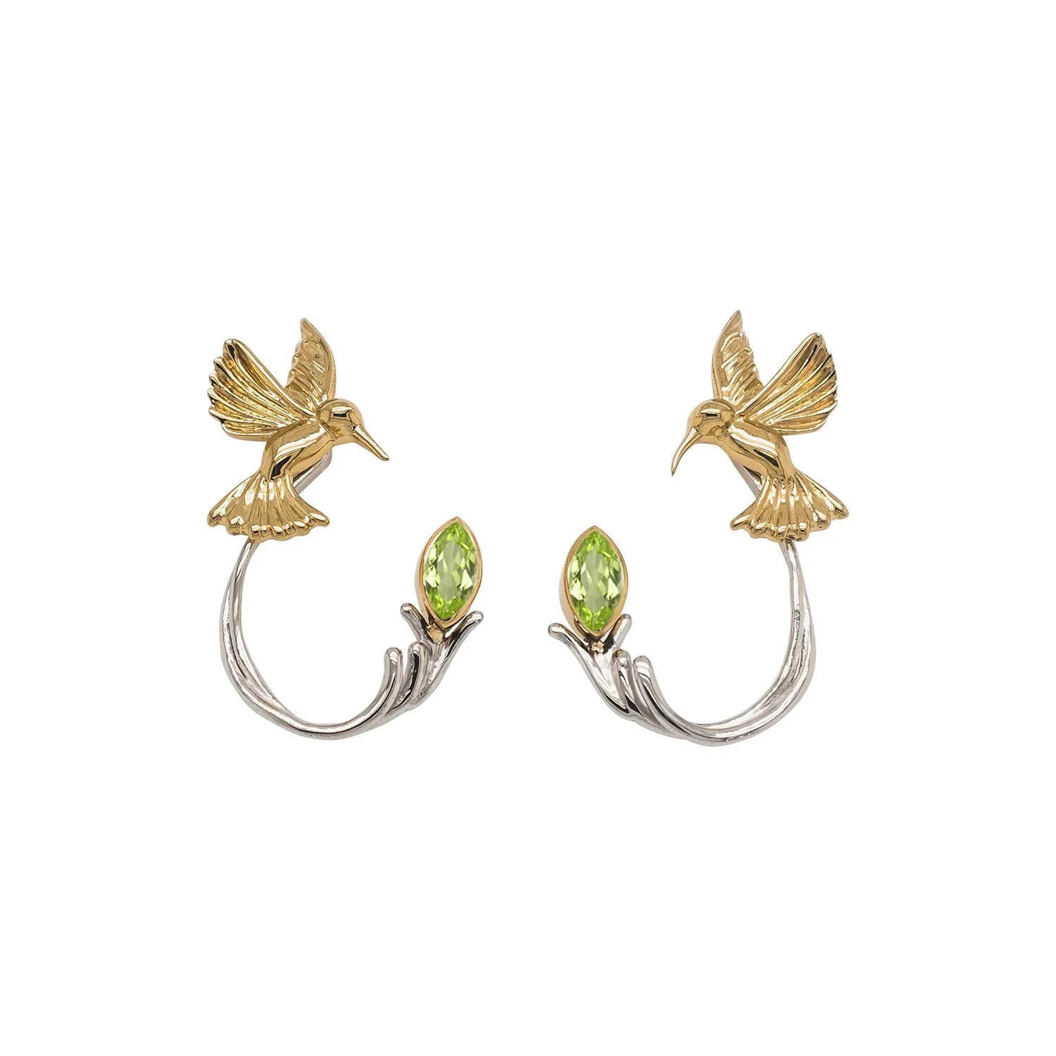 SIlver and 10k Gold Hummingbird Stud with Earring Jacket - Blue Topaz/Rhodolite/White Topaz/Peridot