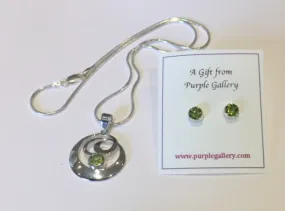 Silver Circular Swirl Pendant Set (Peridot)