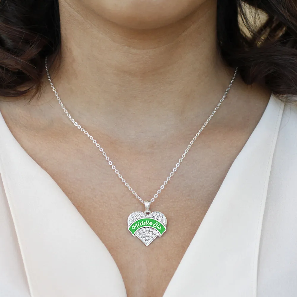 Silver Emerald Green Middle Sister Pave Heart Charm Classic Necklace