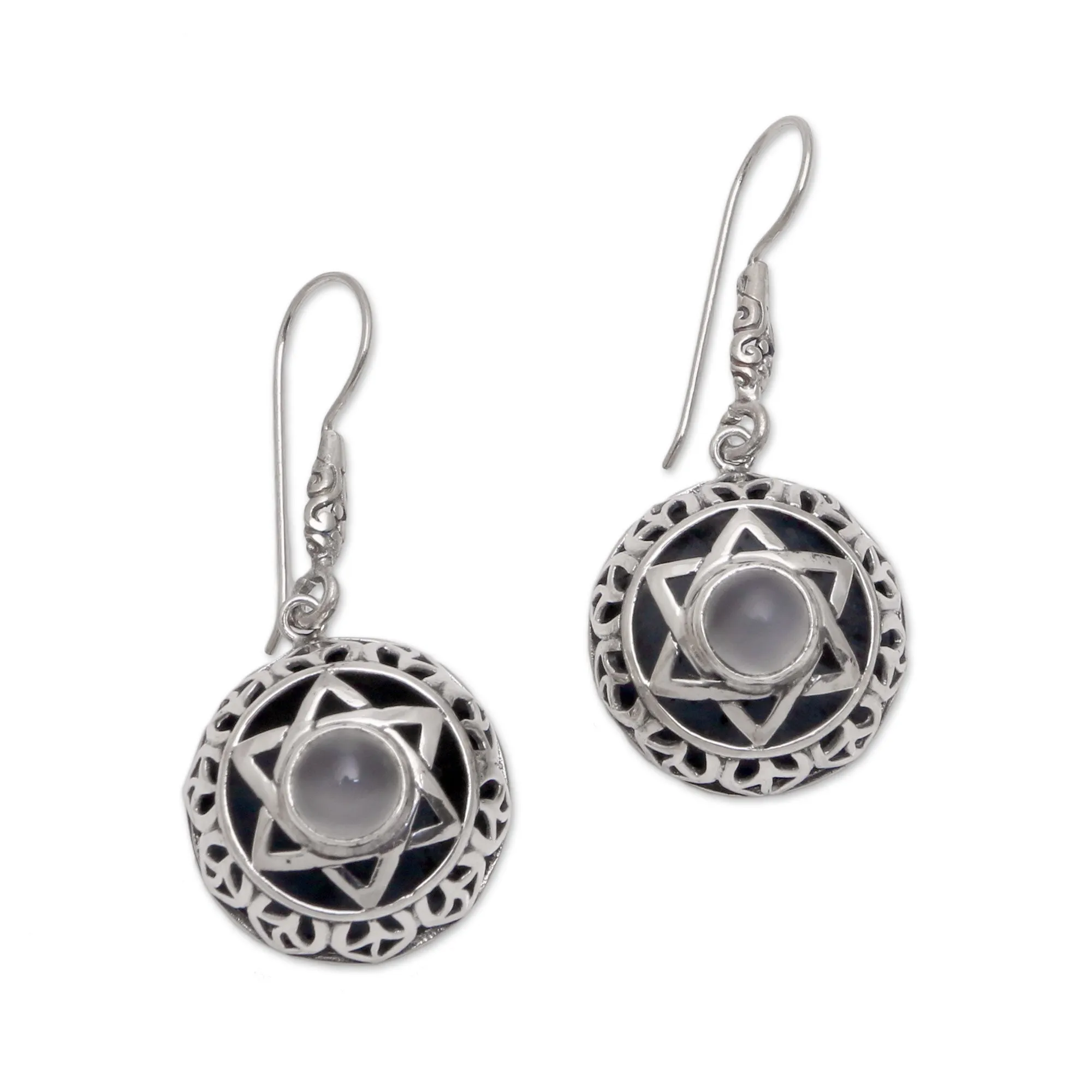 Six Points Moonstone Six-Pointed Star Dangle Earrings from Bali