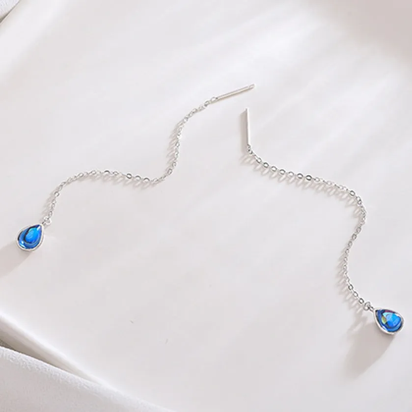 SLUYNZ 925 Sterling Silver Blue Crystal Teardrop Dangle Earrings for Women Teen Girls Droplet Threader Earrings Tassel Chain
