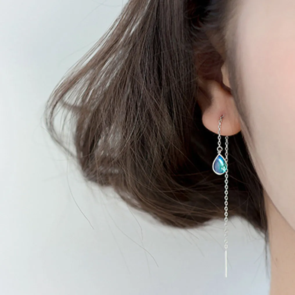 SLUYNZ 925 Sterling Silver Blue Crystal Teardrop Dangle Earrings for Women Teen Girls Droplet Threader Earrings Tassel Chain