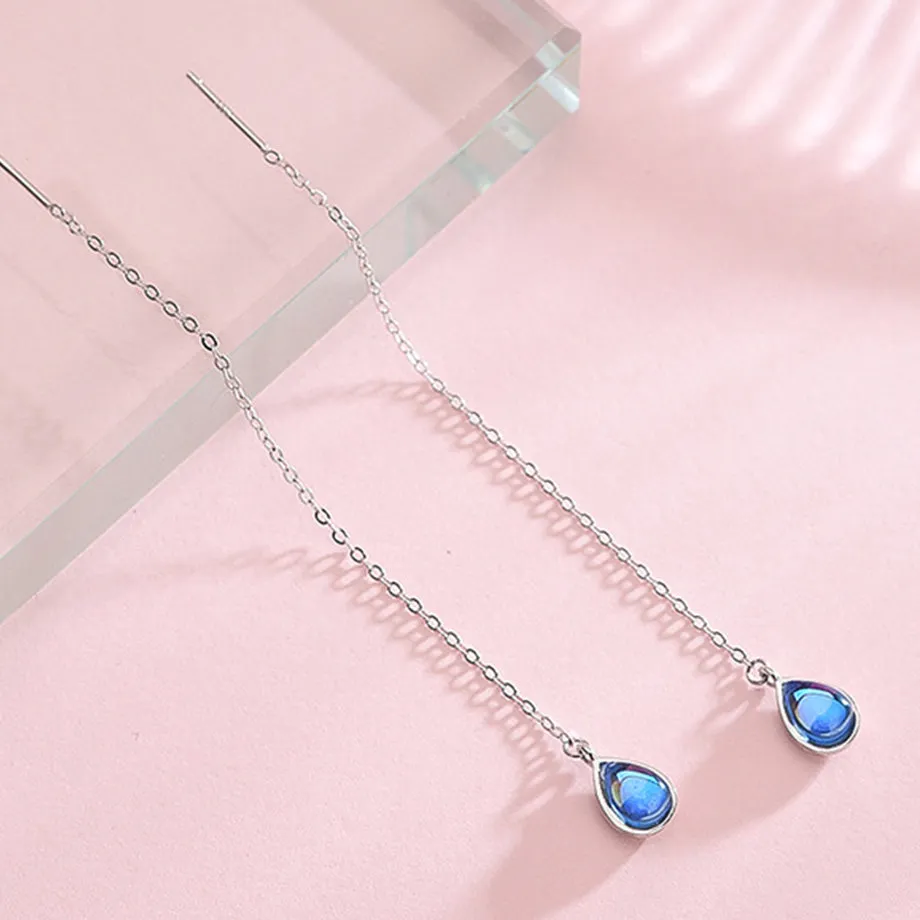 SLUYNZ 925 Sterling Silver Blue Crystal Teardrop Dangle Earrings for Women Teen Girls Droplet Threader Earrings Tassel Chain