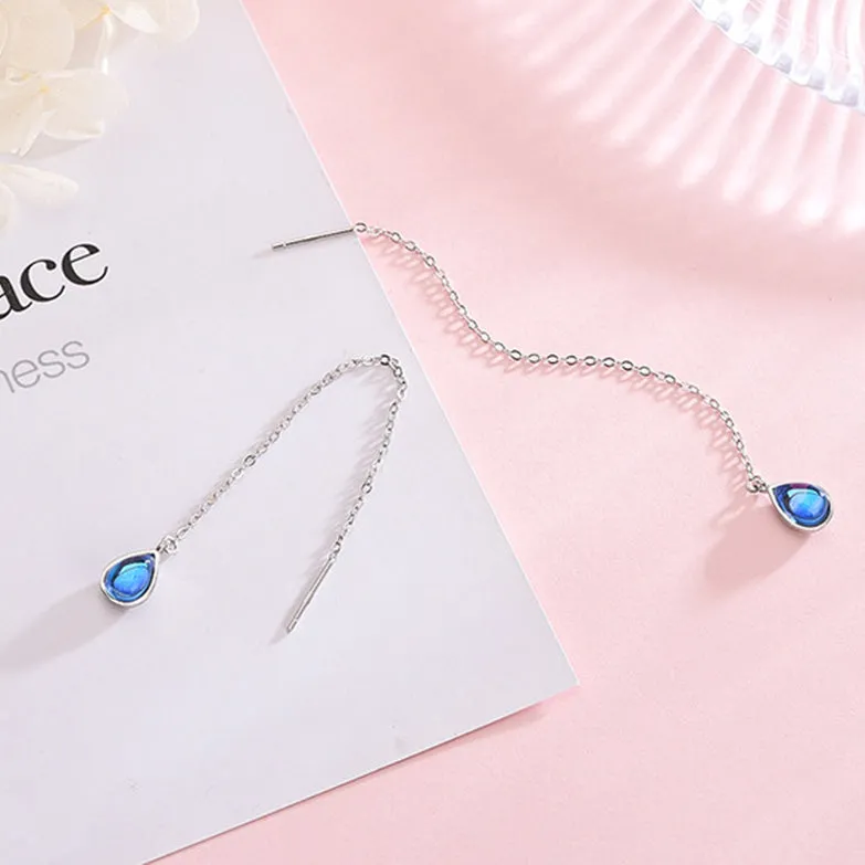 SLUYNZ 925 Sterling Silver Blue Crystal Teardrop Dangle Earrings for Women Teen Girls Droplet Threader Earrings Tassel Chain
