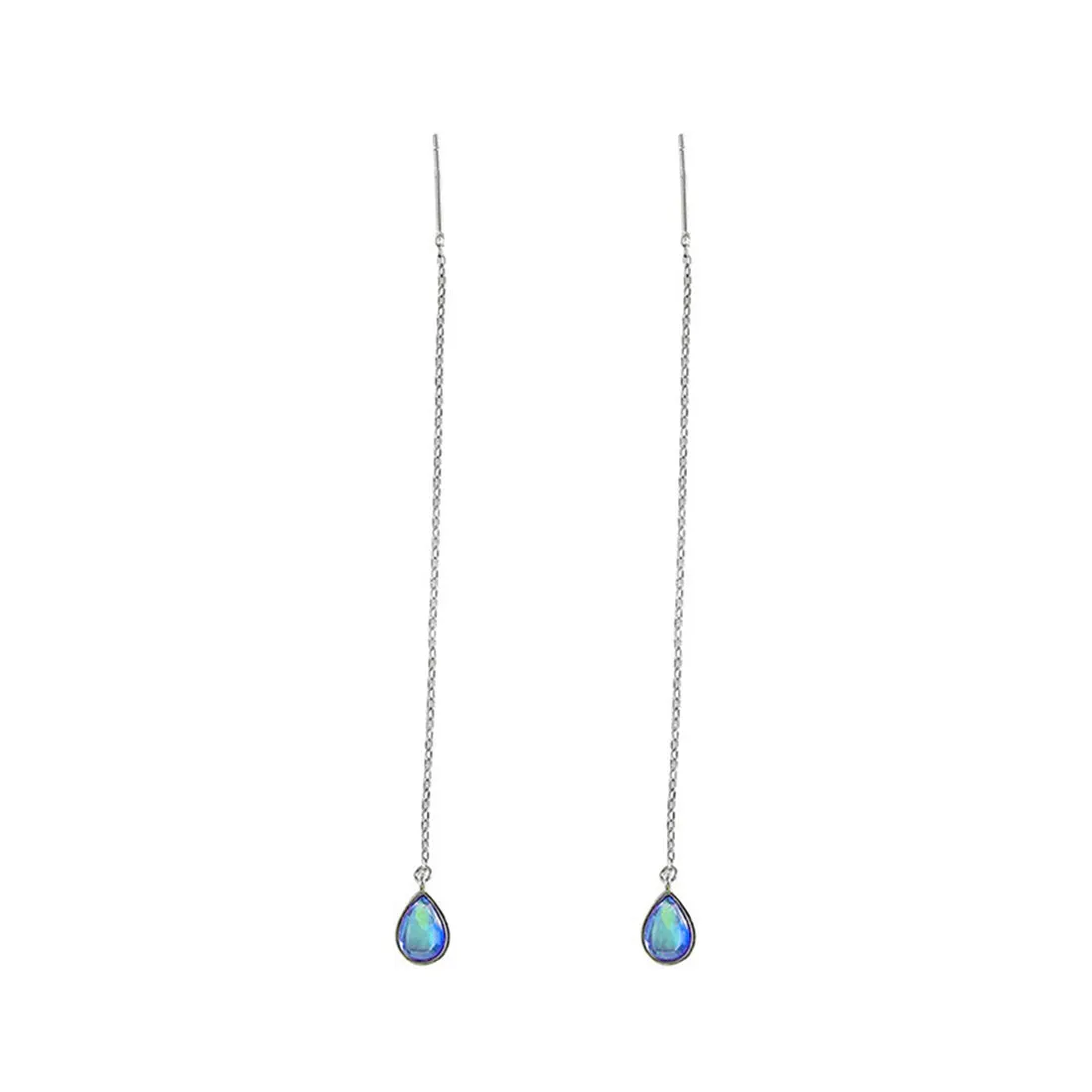 SLUYNZ 925 Sterling Silver Blue Crystal Teardrop Dangle Earrings for Women Teen Girls Droplet Threader Earrings Tassel Chain