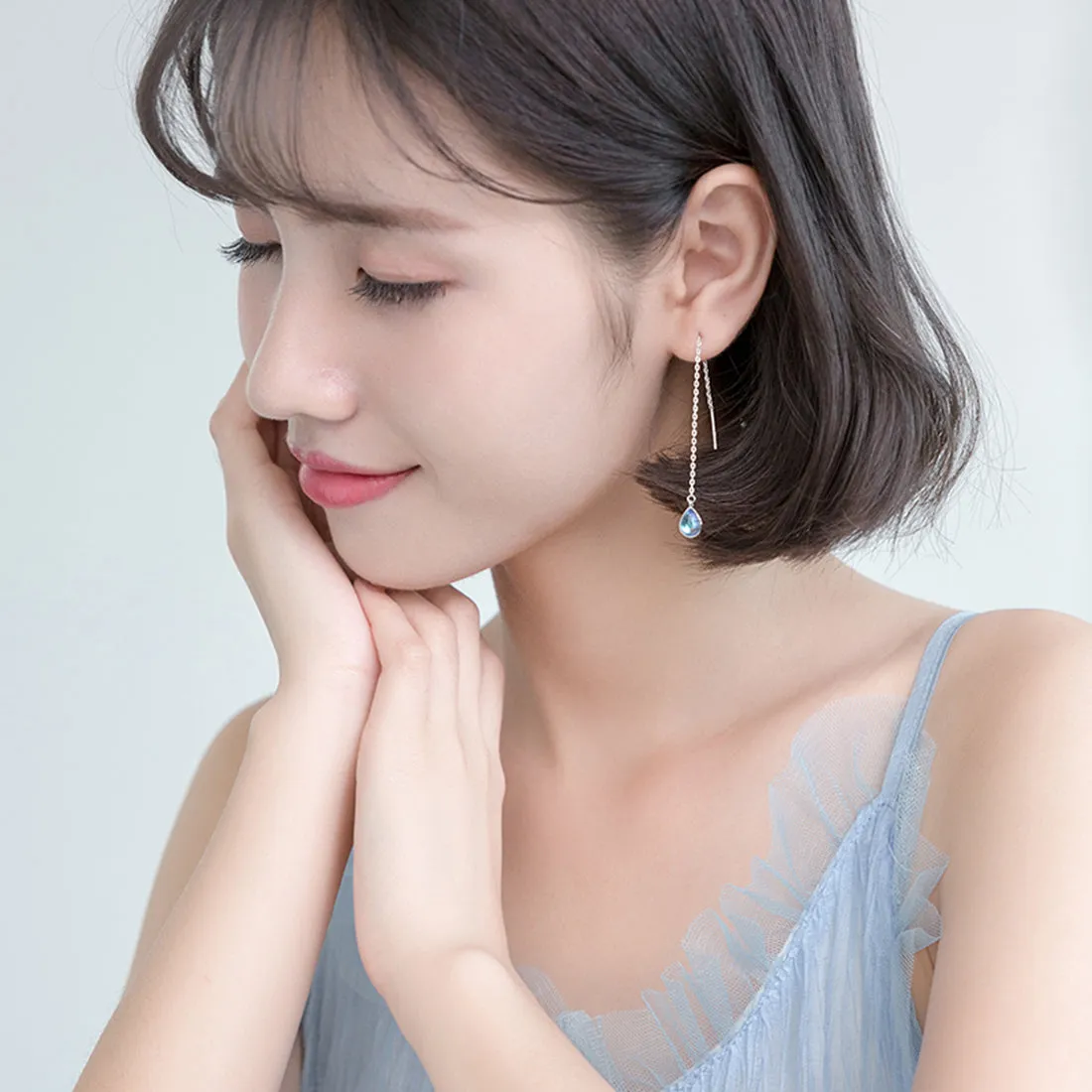 SLUYNZ 925 Sterling Silver Blue Crystal Teardrop Dangle Earrings for Women Teen Girls Droplet Threader Earrings Tassel Chain