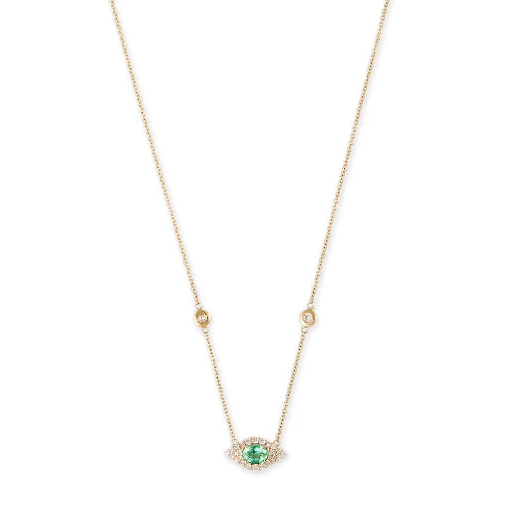 SMALL PAVE EMERALD OVAL CENTER EYE DIAMOND NECKLACE