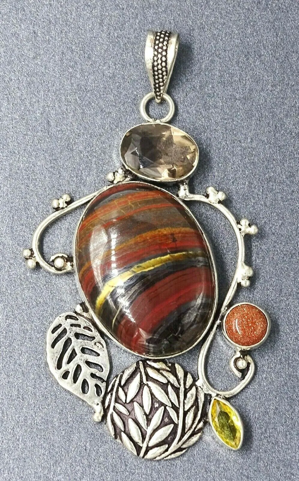 Smoky Quartz, Iron Jasper, Goldstone & Peridot 925 Sterling Silver Pendant