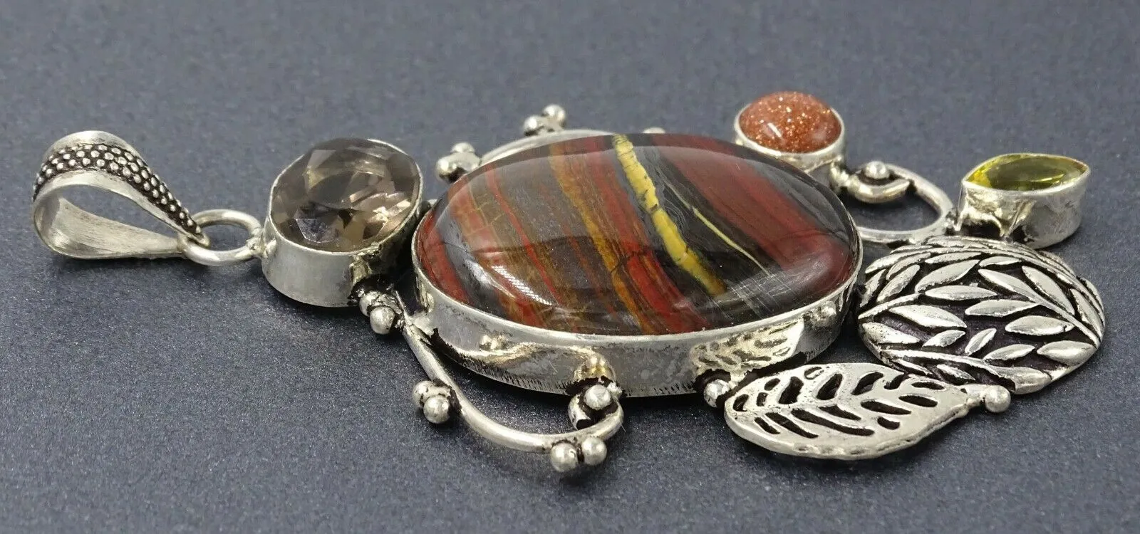 Smoky Quartz, Iron Jasper, Goldstone & Peridot 925 Sterling Silver Pendant