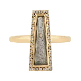 Solid 18k Yellow Gold Natural Labradorite & Pave Diamond Geometric Ring Statement Jewelry