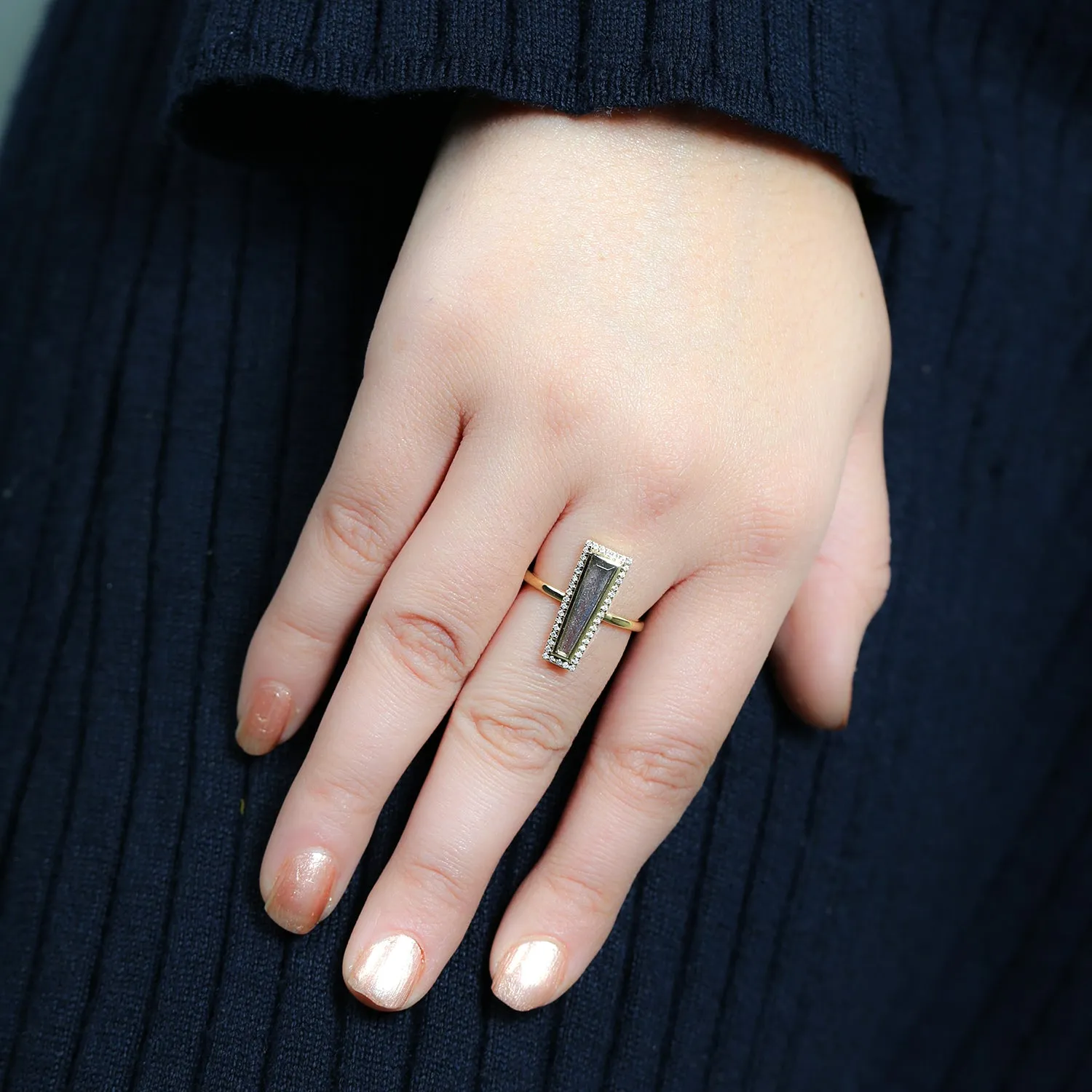 Solid 18k Yellow Gold Natural Labradorite & Pave Diamond Geometric Ring Statement Jewelry