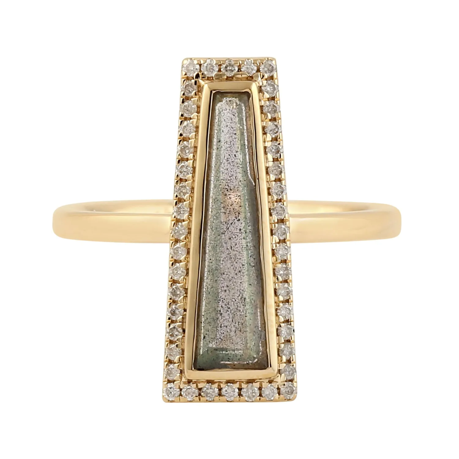 Solid 18k Yellow Gold Natural Labradorite & Pave Diamond Geometric Ring Statement Jewelry