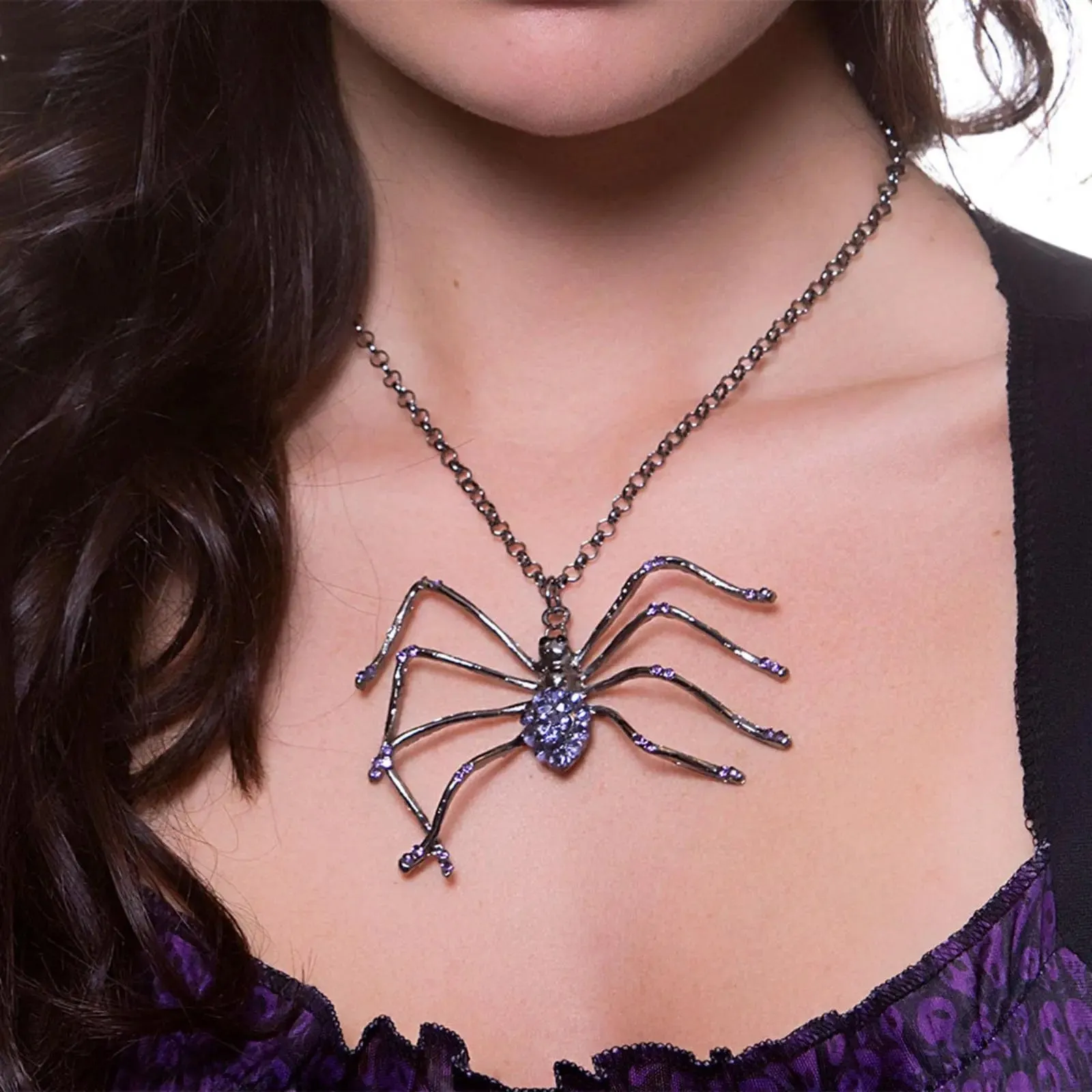 Spider Necklace Purple Diamante Witch Costume Fancy Dress