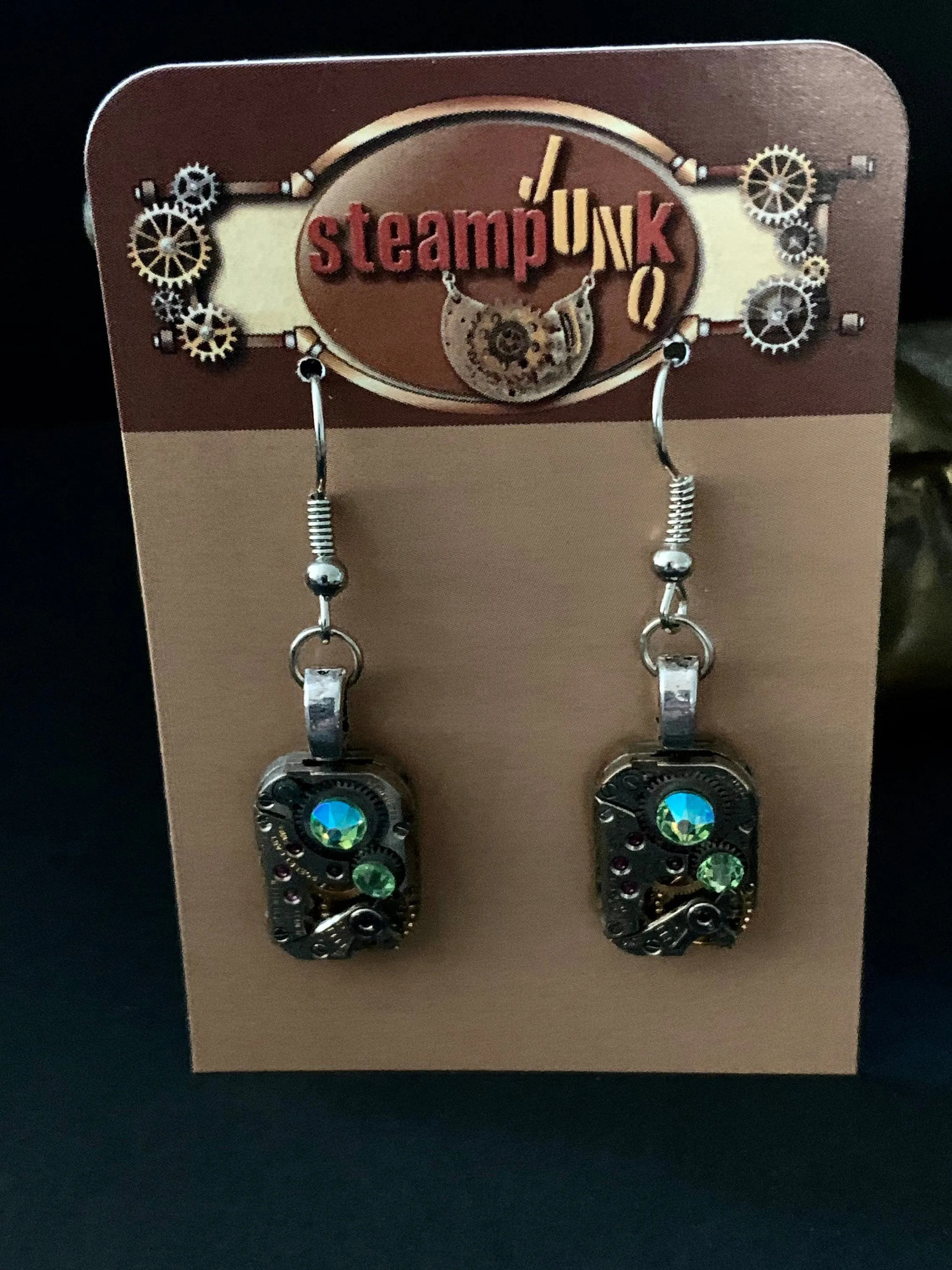 Steampunk earrings  Peridot shimmer Borealis Swarovski Crystals- Steampunk Earrings Vintage handmade watch parts jewelry