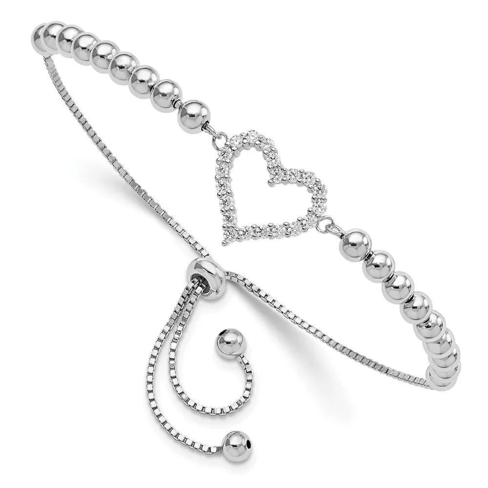 Sterling Silver Beaded CZ Heart Adjustable Bolo Bracelet