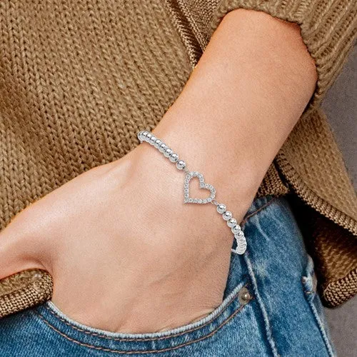 Sterling Silver Beaded CZ Heart Adjustable Bolo Bracelet