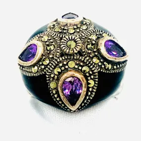 Sterling Silver Enamel and Marcasite Ring with Amythest