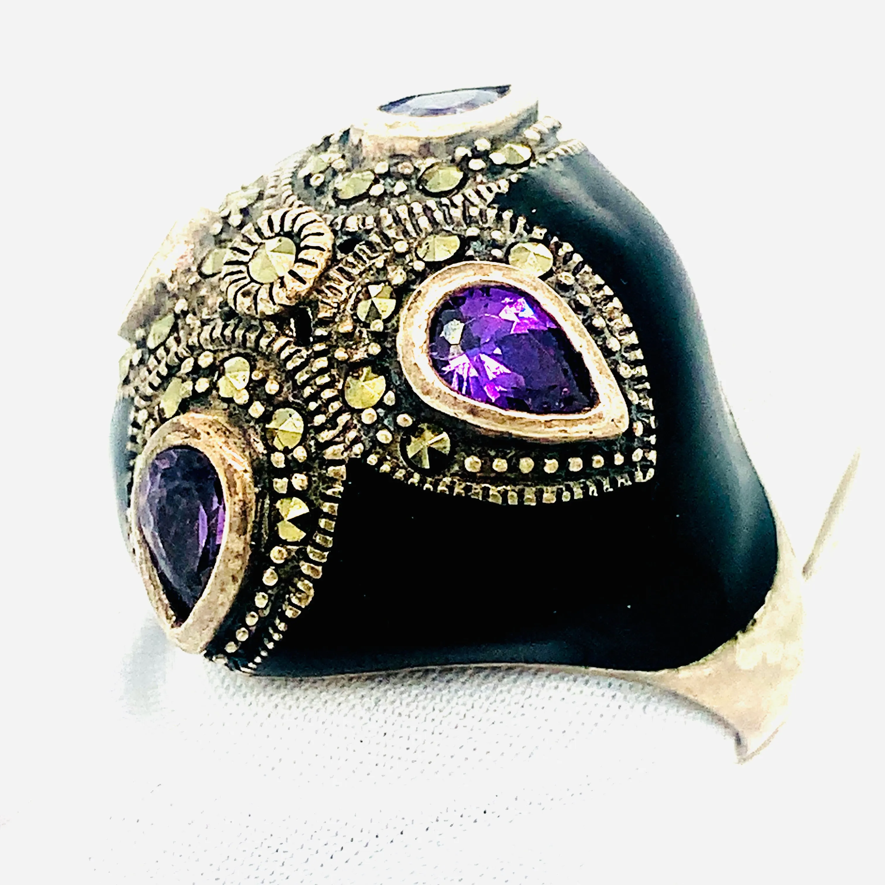 Sterling Silver Enamel and Marcasite Ring with Amythest