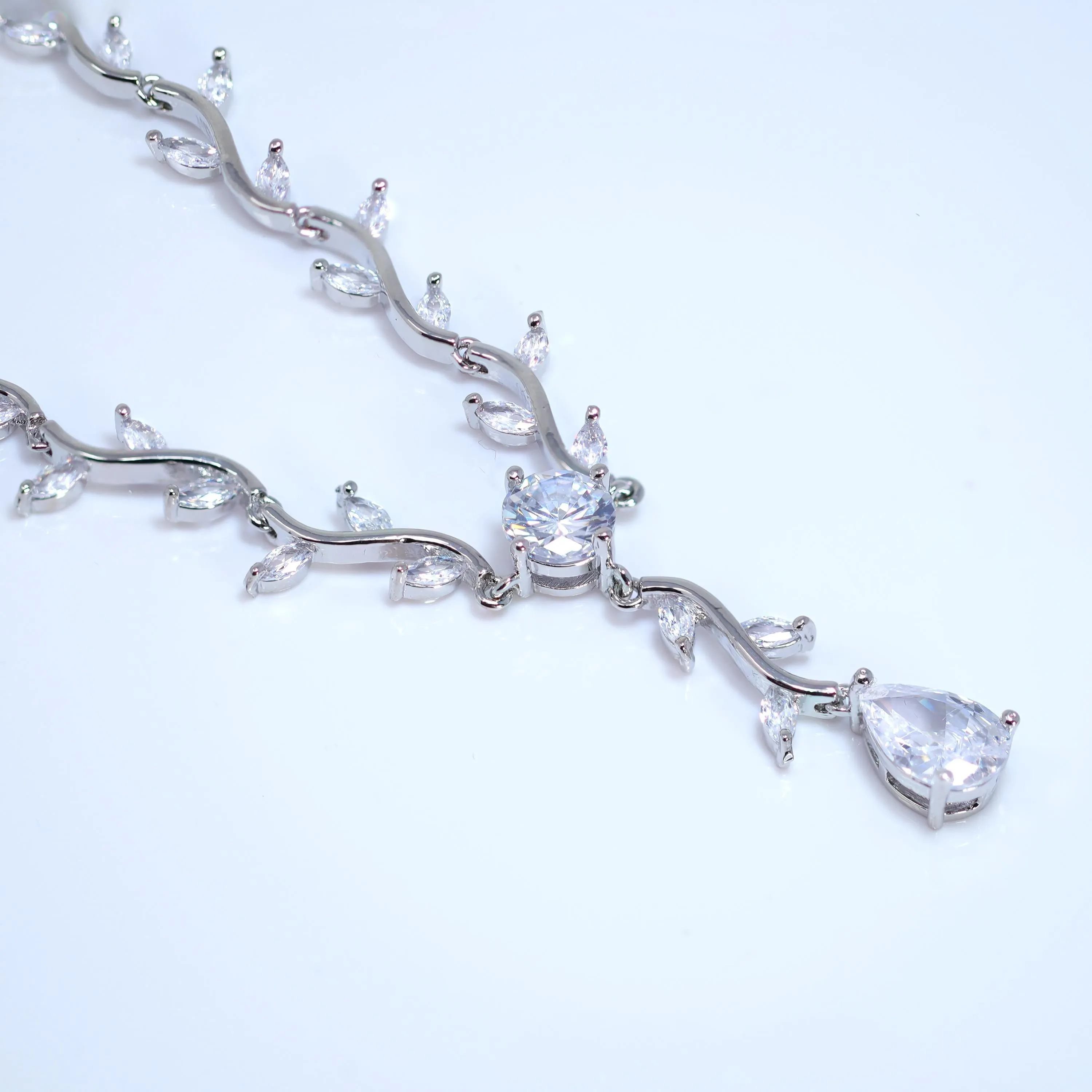 Swarovski Crystal Dainty Leaves Vine Center Of Attraction Necklace, Long Bridal Jewelry, Bridal Earrings Necklace, Statement Cz Set.