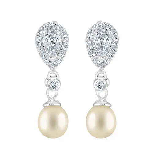 Teardrop CZ and Pearl Drop Earrings