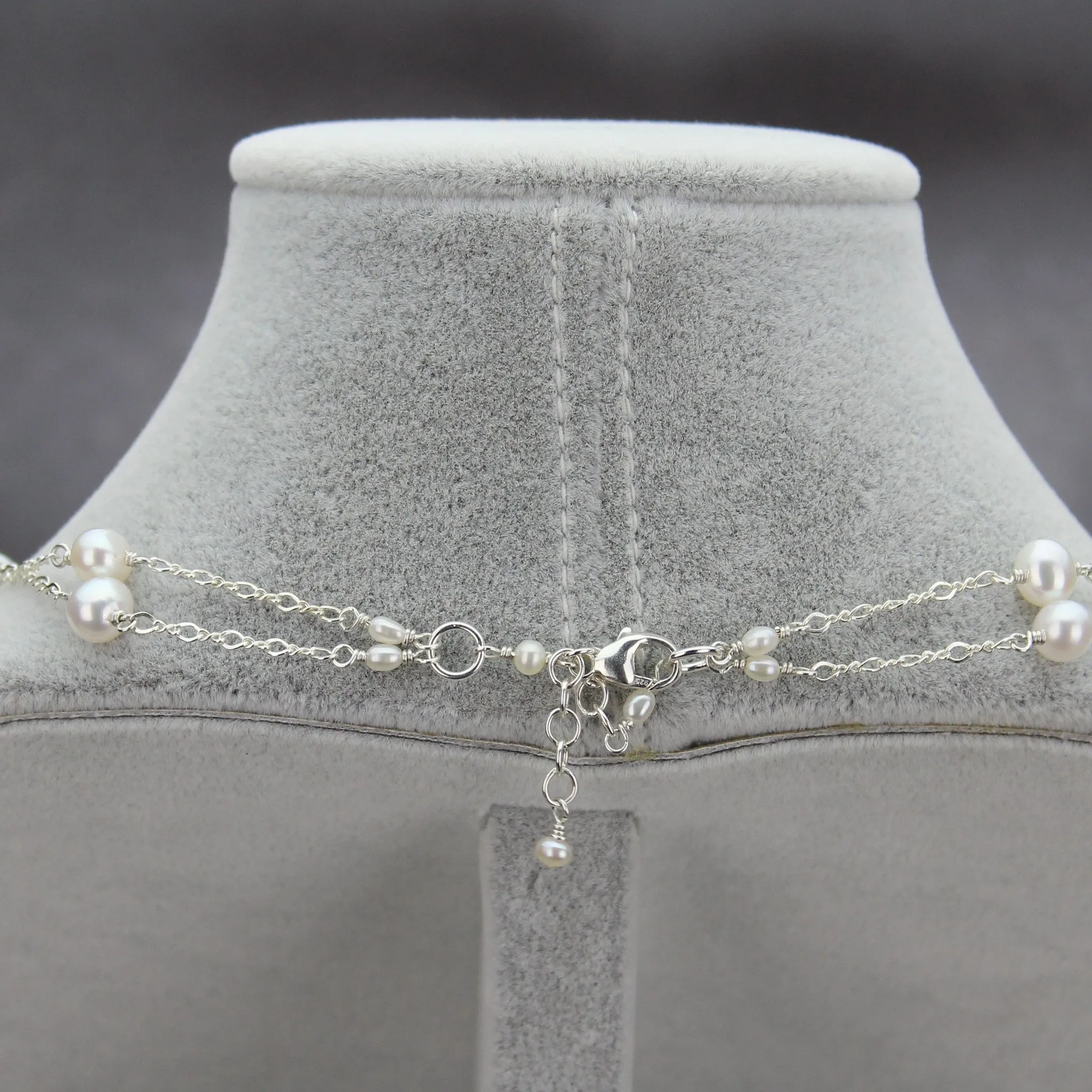 Teardrop Pearl Pendant Double Strand Station Necklace | AAA 7-10mm Natural White Freshwater Cultured