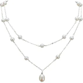 Teardrop Pearl Pendant Double Strand Station Necklace | AAA 7-10mm Natural White Freshwater Cultured