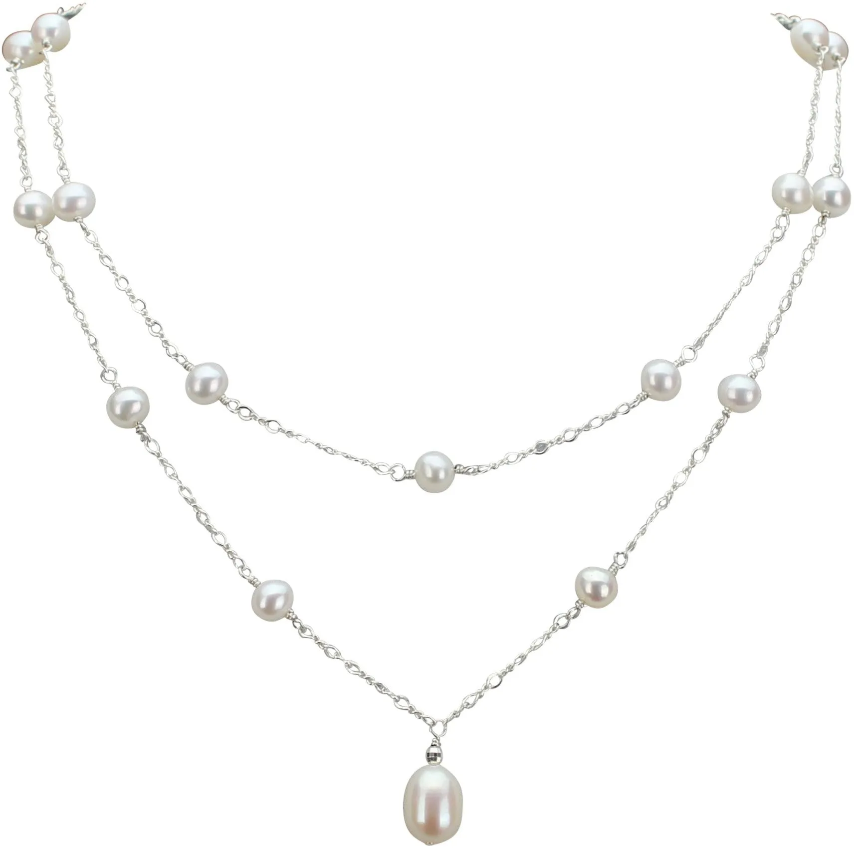 Teardrop Pearl Pendant Double Strand Station Necklace | AAA 7-10mm Natural White Freshwater Cultured