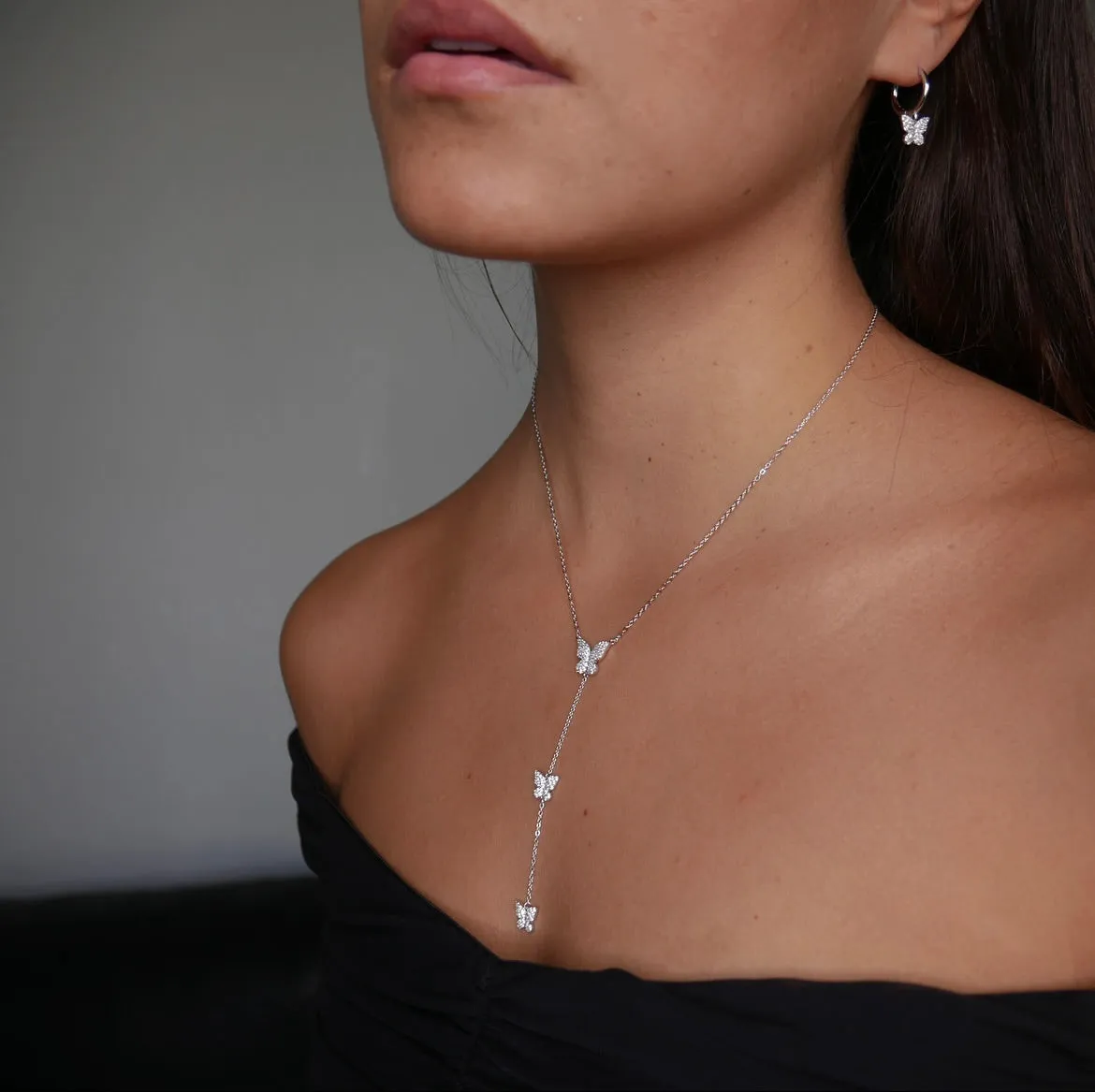 Three Butterfly Lariat Necklace 925 sterling silver Cubic Zirconia Drop Down Y Statement Luxury Necklace KESLEY