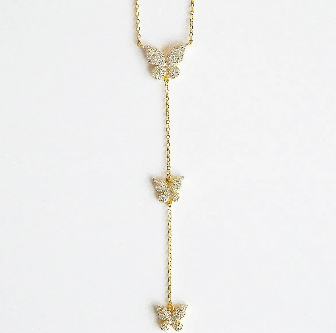 Three Butterfly Lariat Necklace 925 sterling silver Cubic Zirconia Drop Down Y Statement Luxury Necklace KESLEY