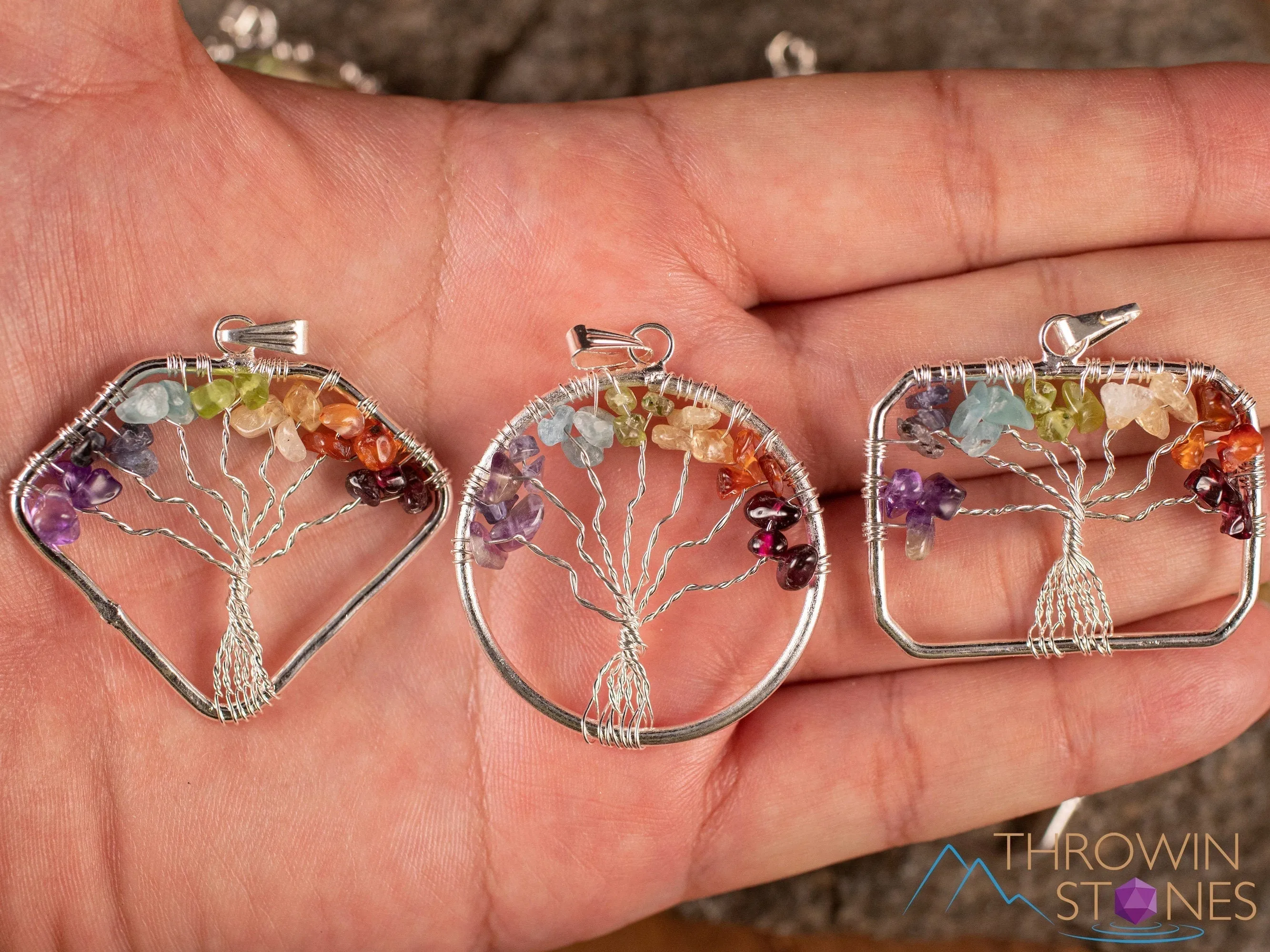 Tree of Life Pendant, CHAKRA Crystal Pendant - Diamond, Circle, Rectangle - Tree of Life Chakra Necklace, Wire Wrapped Jewelry, E1999