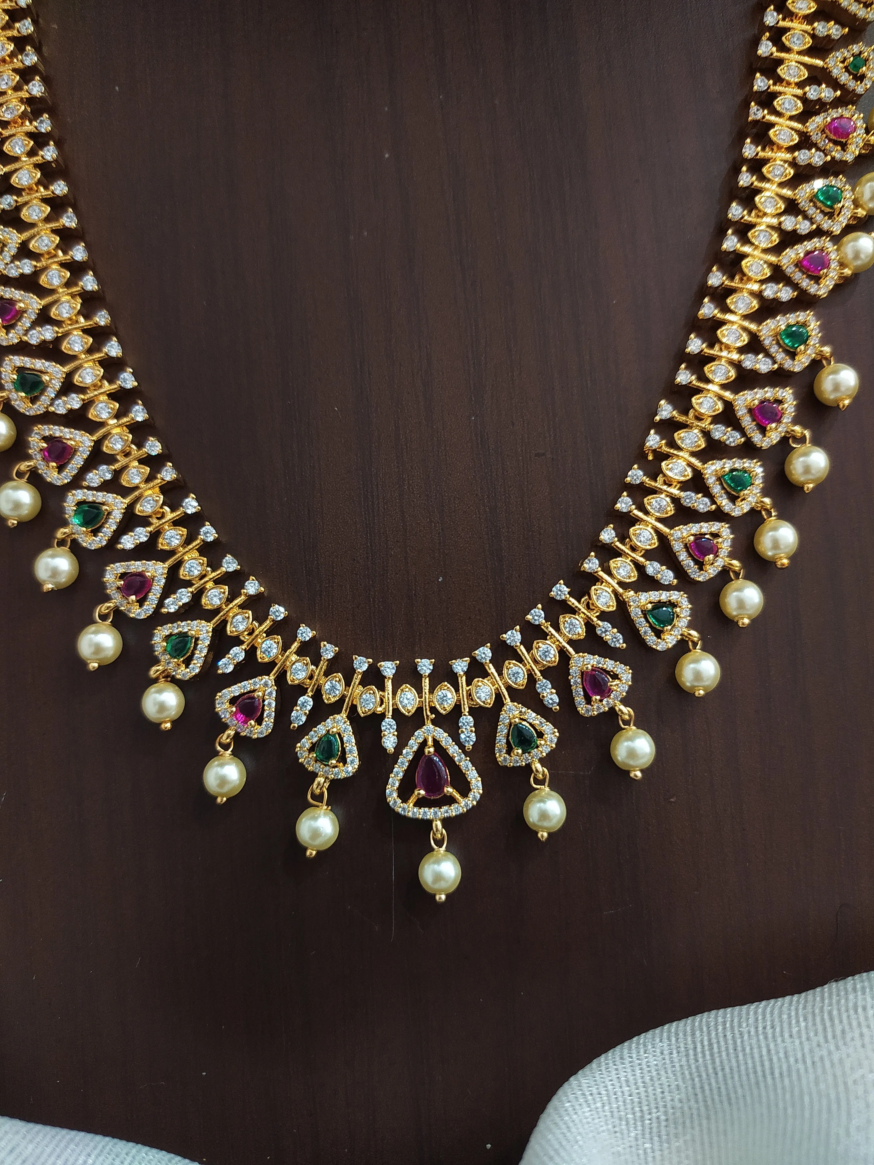 Triangular Design Zircon Long set With Pearl Drops