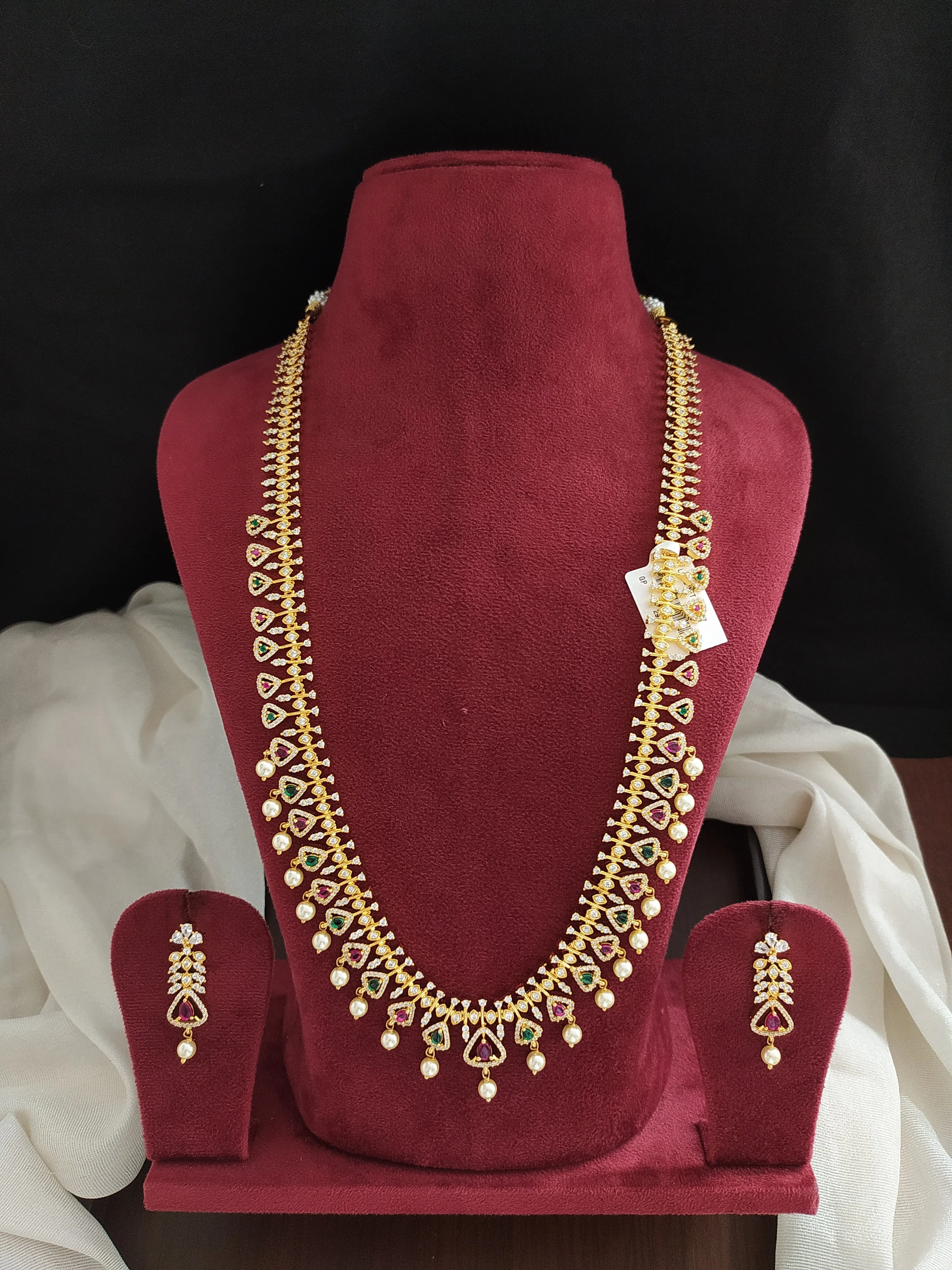 Triangular Design Zircon Long set With Pearl Drops