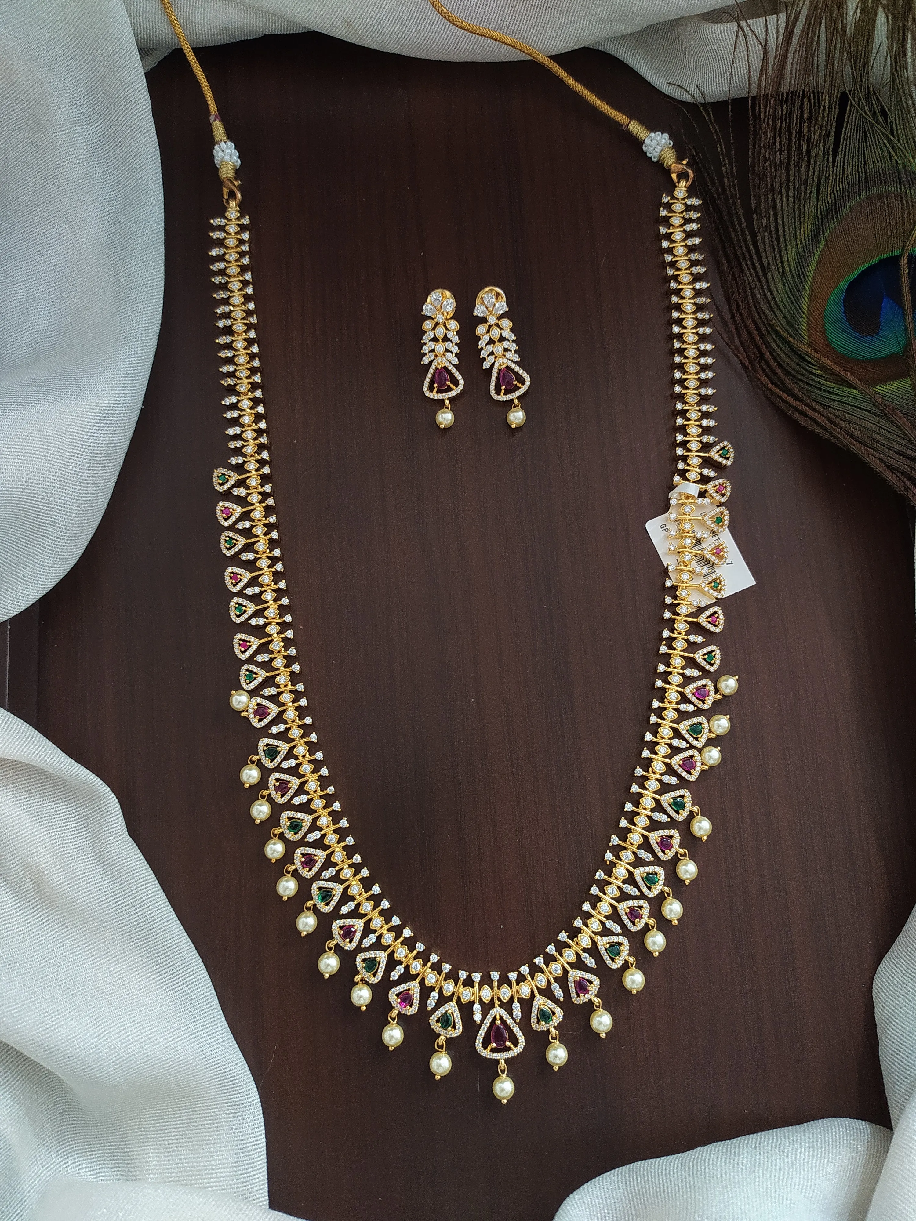 Triangular Design Zircon Long set With Pearl Drops