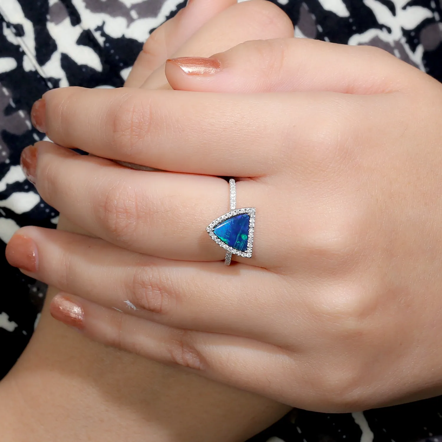 Trillion Opal Doublet Pave Diamond Accent Fine Ring Jewelry In 18k White Gold Jewelry