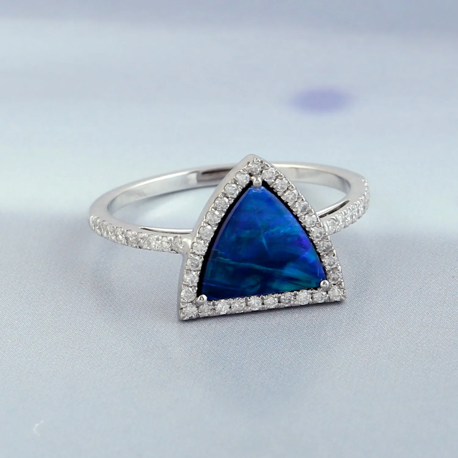Trillion Opal Doublet Pave Diamond Accent Fine Ring Jewelry In 18k White Gold Jewelry