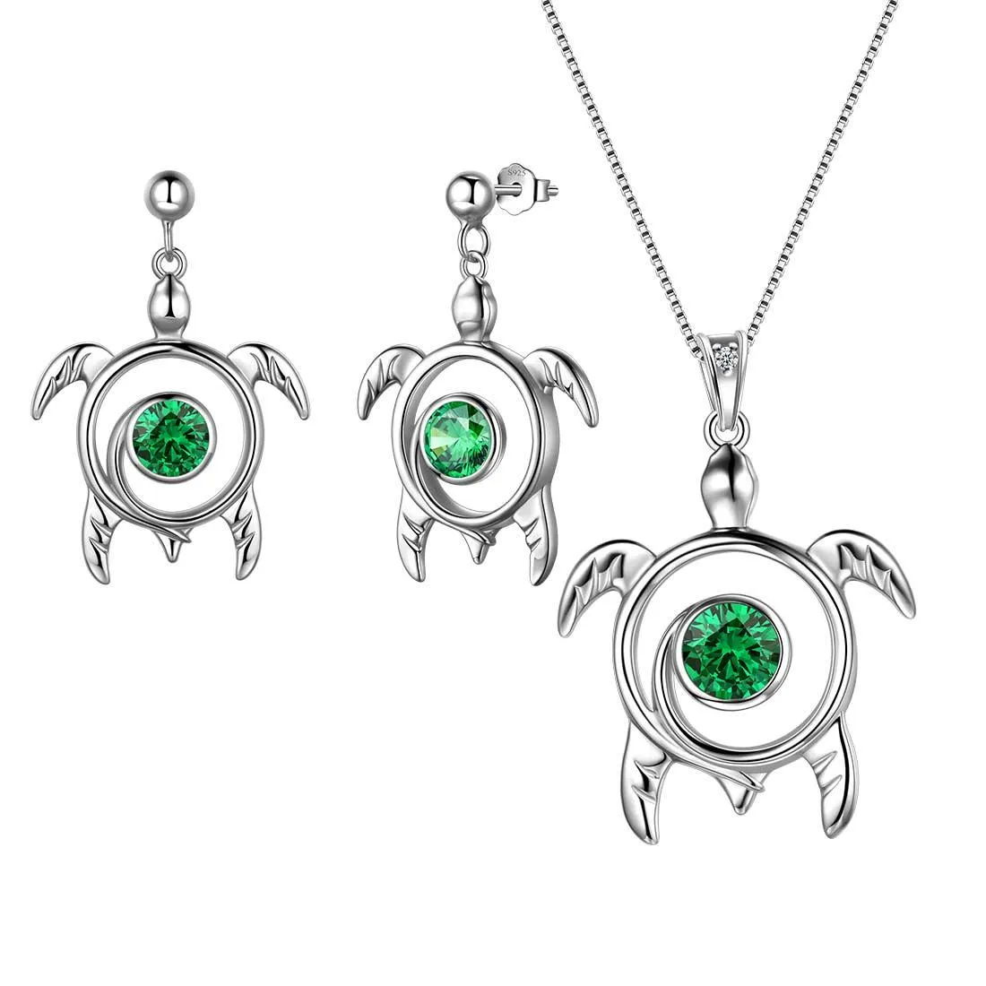 Turtle Birthstone May Emerald Jewelry Set 3PCS Women Girls Birthday Gift