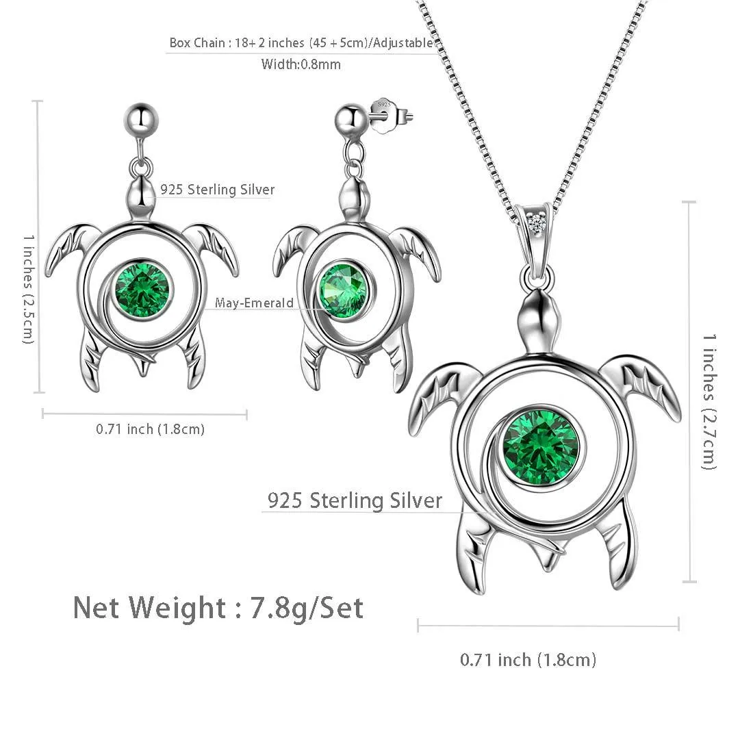 Turtle Birthstone May Emerald Jewelry Set 3PCS Women Girls Birthday Gift