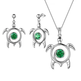 Turtle Birthstone May Emerald Jewelry Set 3PCS Women Girls Birthday Gift