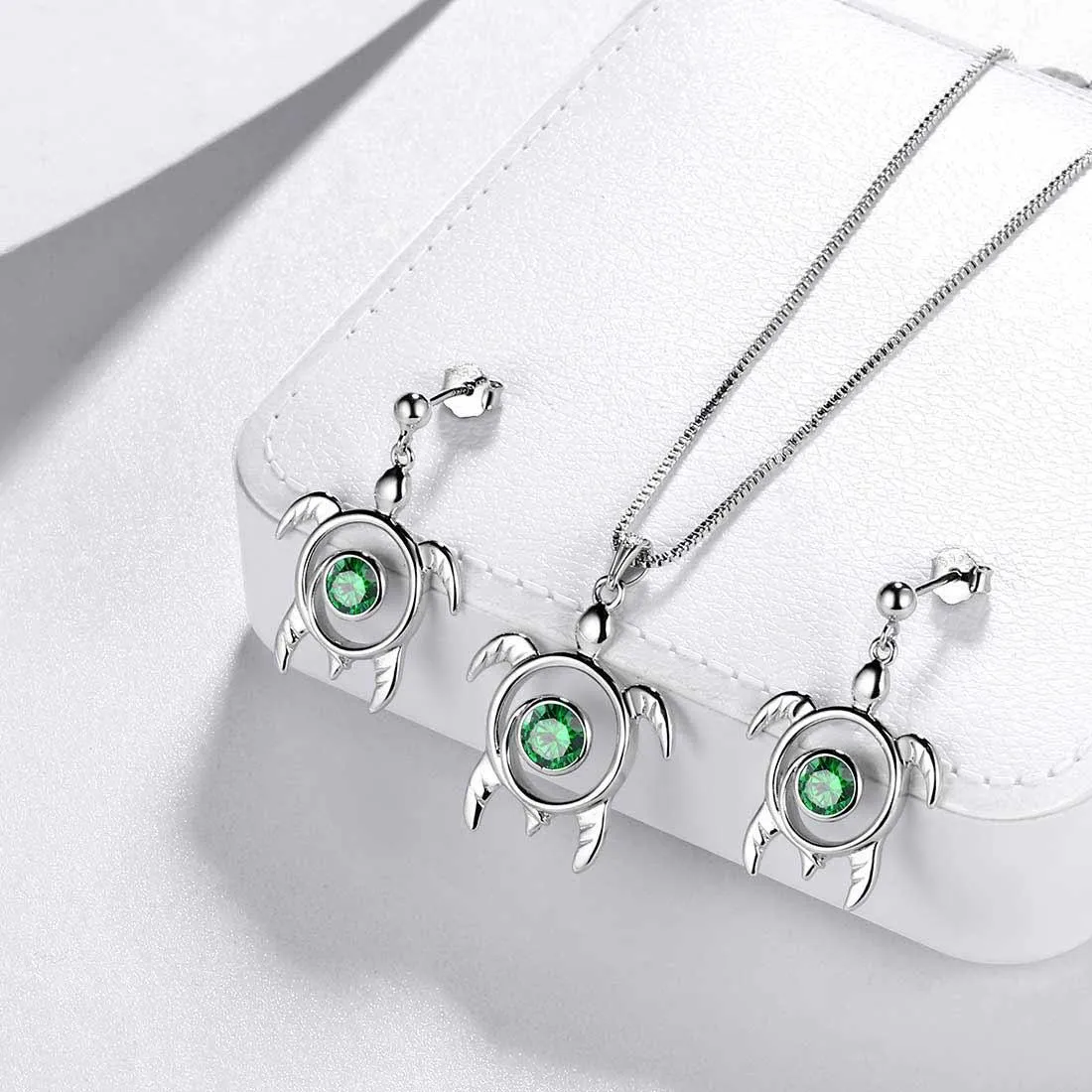Turtle Birthstone May Emerald Jewelry Set 3PCS Women Girls Birthday Gift