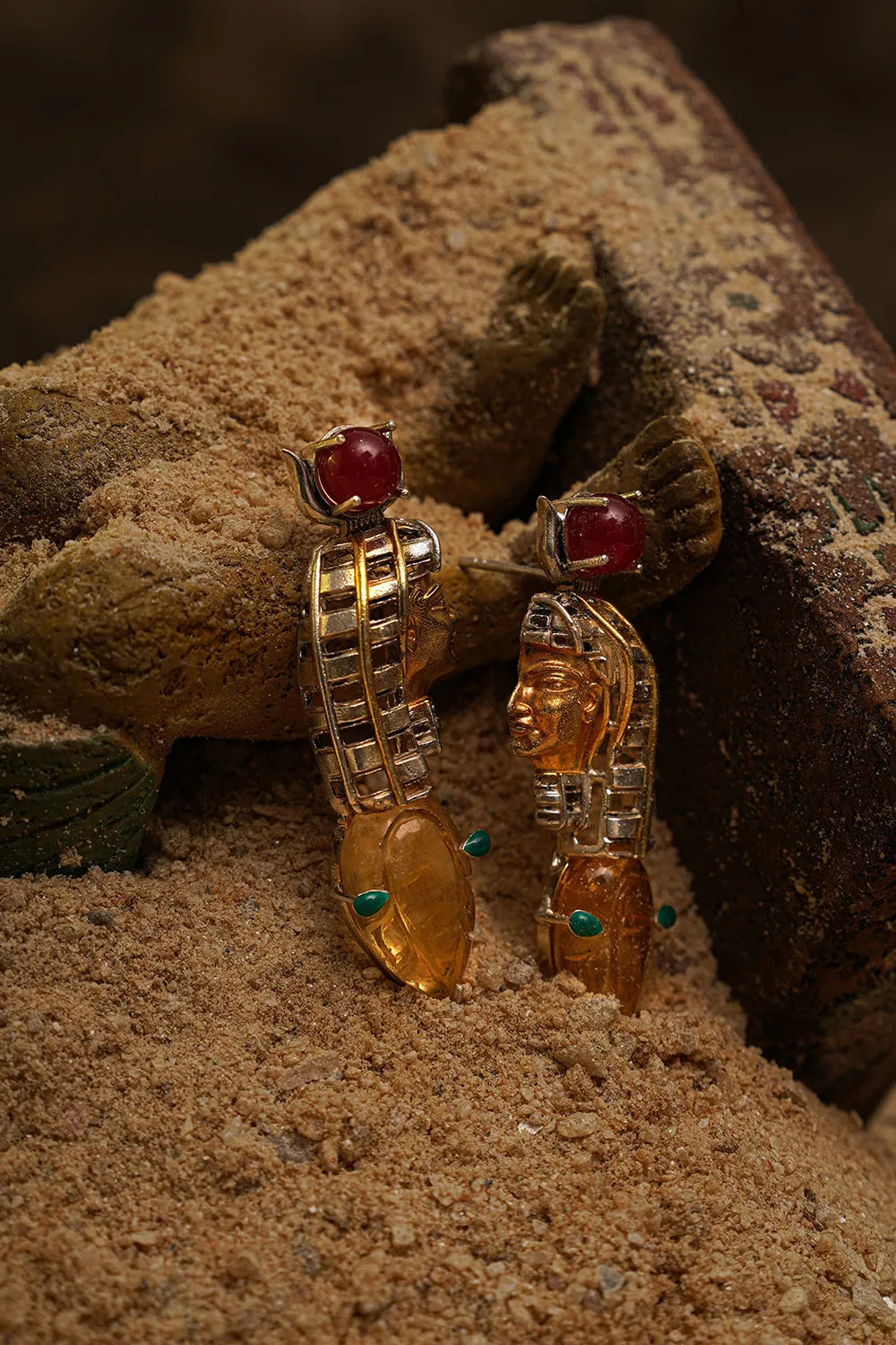 Two Tone Finish Red Onyx Gemstone Gold Finish Dangler Earrings In Sterling Silver